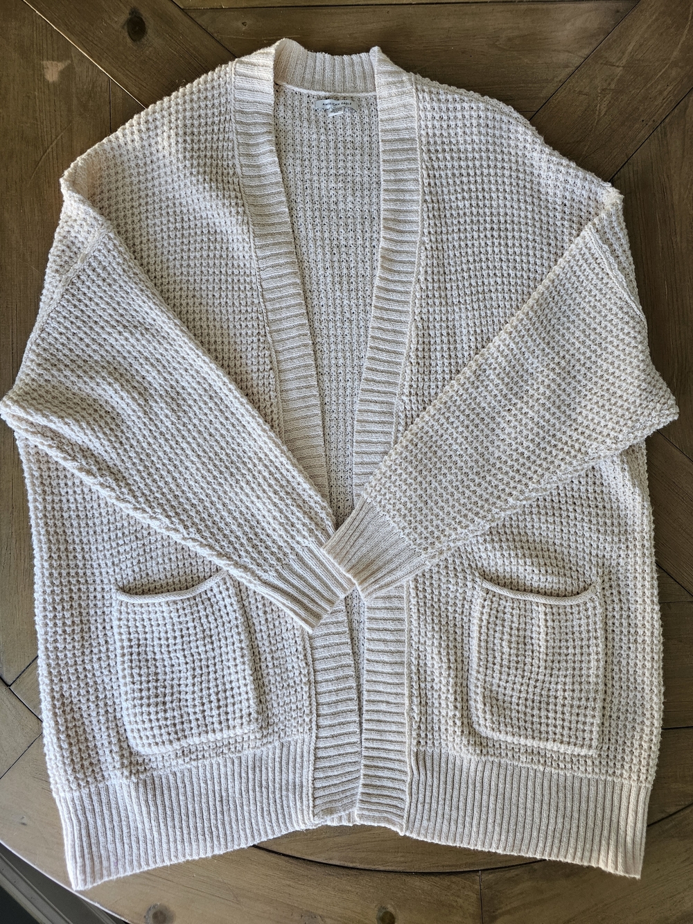 American Eagle Outfitters Cream Open-Front Waffle Cardigan